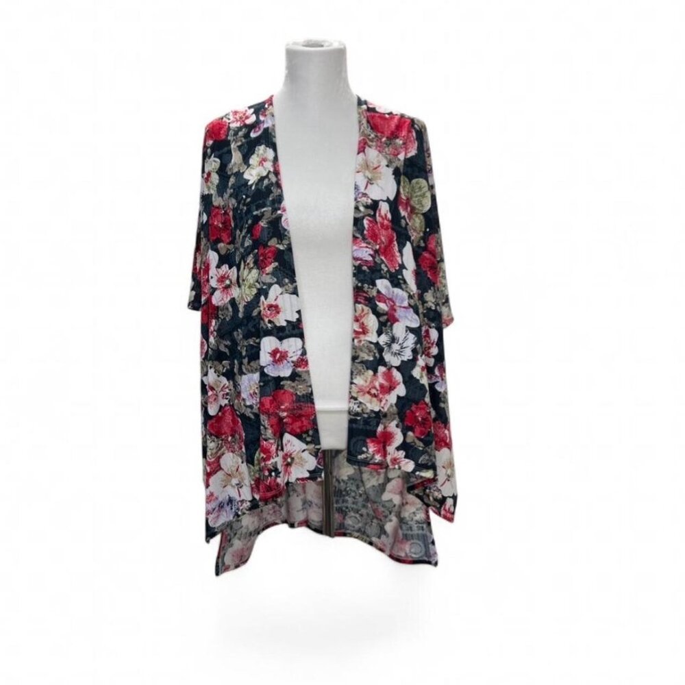 Simply Noelle Floral Kimono Red Navy White Women OS Cardigan Open Front